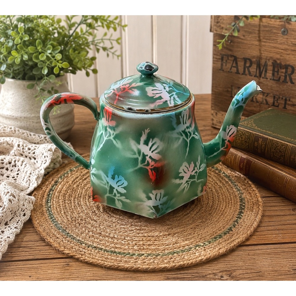 Vintage Czechoslovakia Enamelware Teapot Floral Gold Trim Blue White 8 Cup